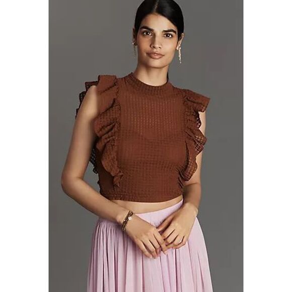 $68 Maeve Anthropologie Crop Ruffle Mesh Top size medium - Picture 2 of 7
